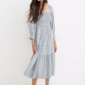Madewell Lucie Elbow-Sleeve Smocked Midi Dress in Sunflower Field